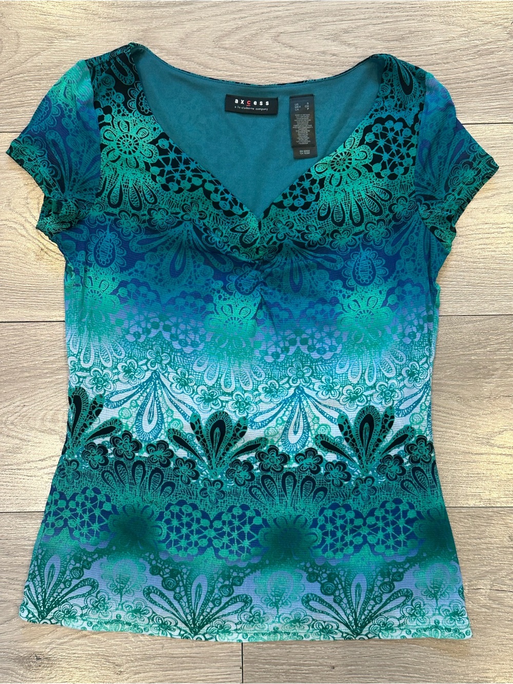 Axcess Teal & Turquoise Floral V-Neck Short Sleeve Top